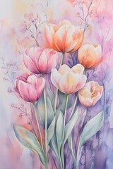 Obraz premium Romantic Spring Blossom. Watercolor Tulip and Flower Border on White Background