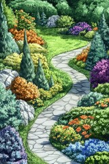 Obraz premium Serene Landscape Garden with Watercolor Floral Decor and Relaxing Walking Path