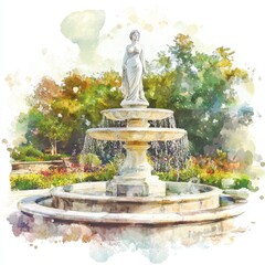 Obraz premium Tranquil Garden Oasis: Majestic Fountain with Female Statue, Watercolor Hand-drawn Illustration for Serene Landscape Design