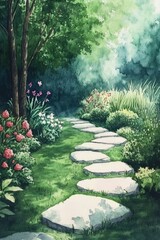 Fototapeta premium Tranquil Garden Oasis: Hand-painted Watercolor Illustration of a Vibrant Floral Landscape with Walking Path