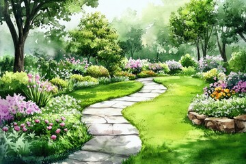 Fototapeta premium Tranquil Garden Oasis: Watercolor Landscape Design with Lush Floral Blooms and Peaceful Walking Path