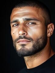 Fototapeta premium Portrait of a young Iraqi man with a beard with a thoughtful expression, soft studio lighting on a dark background