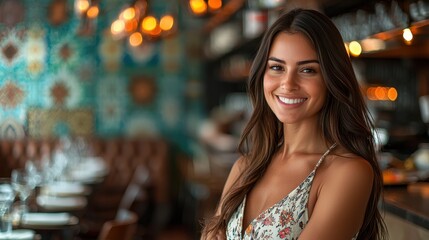 A confident female restaurateur overseeing a busy evening service in a stylish dining space Her professional yet approachable demeanor ensures smooth operations A sophisticated portrayal of 