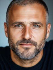 Obraz premium Portrait of a young Italian man with a beard with a thoughtful expression, soft studio lighting on a dark background