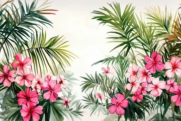 Selbstklebende Fototapeten Tropical Oasis: Stunning Watercolor Illustration of Beachside Oleander Shrubs in a Serene Island Paradise © Yevhen