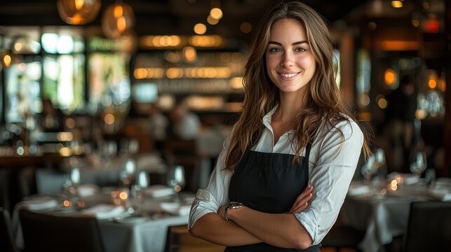 A confident female restaurateur overseeing a busy evening service in a stylish dining space Her professional yet approachable demeanor ensures smooth operations A sophisticated portrayal of 