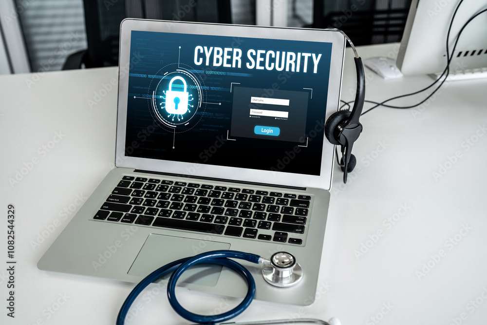 Poster cyber security system on computer screen protect private information snugly from hacker and cyber at