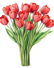 Naklejka premium Vibrant Red Tulip Bouquet. Hand-Drawn Watercolor Illustration in Romantic Greeting Card Design