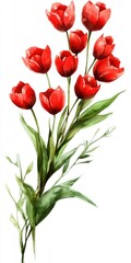 Fototapeta premium Vibrant Tulip Bouquet. Beautiful Hand-Drawn Watercolor Illustration of Red Tulips in Bloom