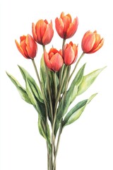 Fototapeta premium Vibrant Red Tulips Bouquet. Hand Drawn Watercolor Illustration, Isolated on White Background