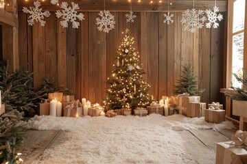 Christmas Photo Backdrop with Wooden Wall, Snow, Gingerbread Tree, Candles, and Gifts, Cozy Holiday Atmosphere with Warm Lighting.