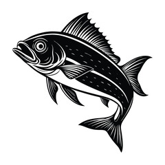 dolphin (mahi-mahi fish) fish design, labeled linocut vector silhouette illustration.
