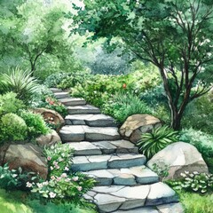 Obraz premium Watercolor Garden Design with Stone Stairs and Tranquil Riverside Path