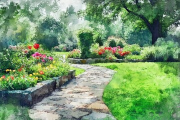 Fototapeta premium Watercolor Garden Landscape Design with Lush Green Plants and Beautiful Blooms