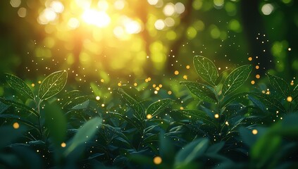 A forest with green leaves and glowing dots connected by geometric shapes, symbolizing the technology