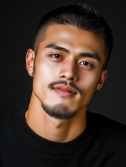 Obraz premium Portrait of a young Kazakh man with a beard with a thoughtful expression, soft studio lighting on a dark background