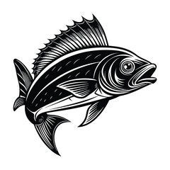 dolphin (mahi-mahi fish) fish design, labeled linocut vector silhouette illustration.