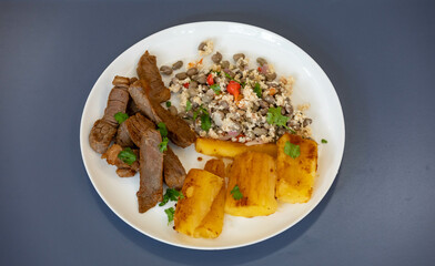 Traditional rustic tropical Brazilian dish, sun-dried beef with green beans, cassava, biquinho pepper. Creative rustic photography