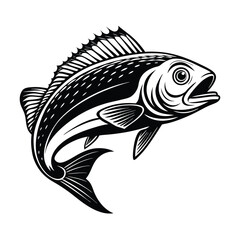 dolphin (mahi-mahi fish) fish design, labeled linocut vector silhouette illustration.