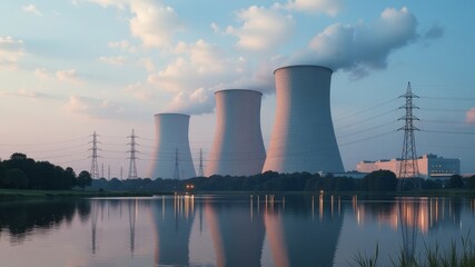 Obraz premium A view of a nuclear power plant operating at full power, releasing tons of cubic meters of steam into the atmosphere