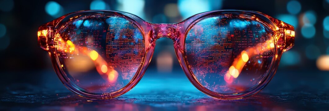 glasses with a digital code and data background. Concept for futuristic vision technology