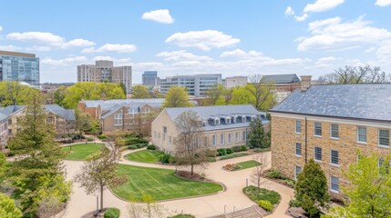 A scenic view of a campus featuring buildings, greenery, and a clear blue sky.