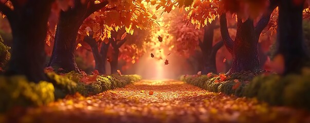 A serene autumn pathway lined with colorful trees and fallen leaves, illuminated by sunlight.