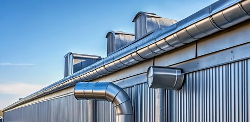 Naklejka premium A photo of the exterior wall and roof of an industrial building with stainless steel pipes used for a guardrail. 