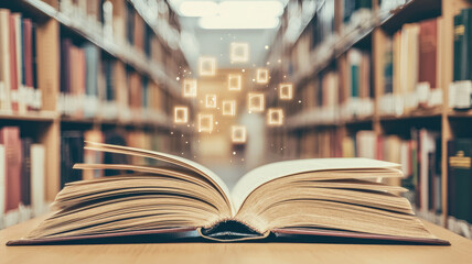 Fototapeta premium Open book with floating ideas in library, symbolizing knowledge and imagination. scene captures essence of learning and creativity