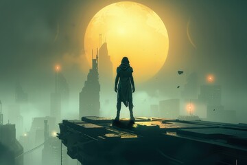 Fototapeta premium A lone figure stands atop a jagged cliff in a futuristic cityscape, silhouetted against a massive, glowing moon.