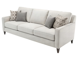 Naklejka premium ライトグレーのクッション付きモダンソファ | Modern Light Gray Sofa with Decorative Cushions