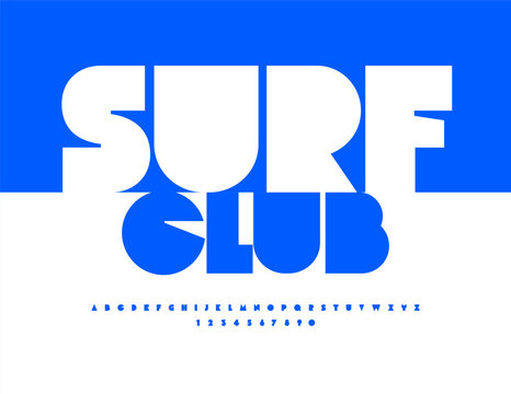 Vector stylish logotype Surf Club. Modern Alphabet Letters and Numbers set. Bold Blue Font.