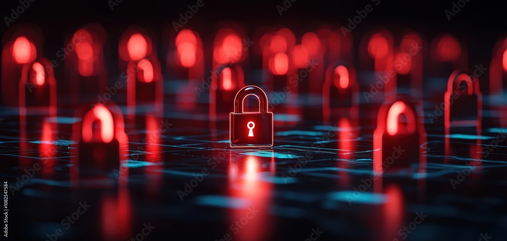 Poster supply chain security risks concept. a glowing padlock icon surrounded by red padlocks on a digital 