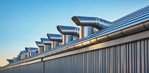 Obraz premium A photo of the exterior wall and roof of an industrial building with stainless steel pipes used for a guardrail. 
