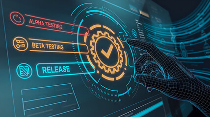 Futuristic Interface of Software Development Lifecycle with Testing Phases, software development, alpha testing, beta testing, release phase, software lifecycle.