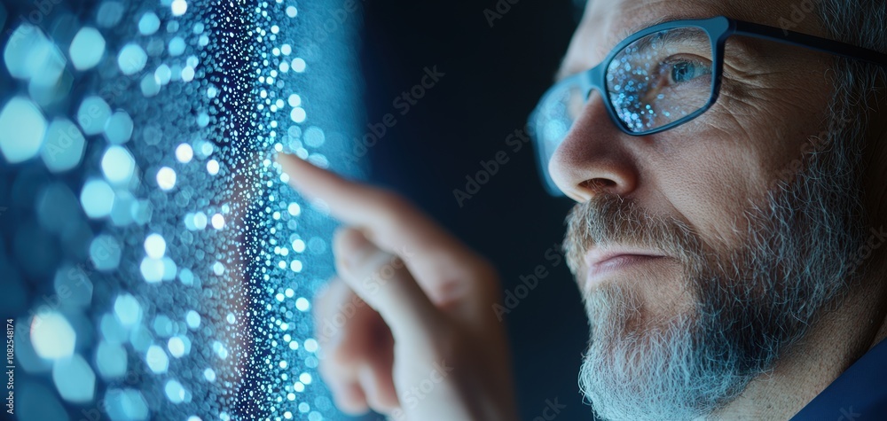 Poster Supply chain security risks concept. A focused individual interacts with a glowing digital interface, exploring data or visualizations through touch.