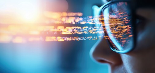 Supply chain security risks concept. A close-up of a person wearing glasses, with colorful digital data streams reflected on the lenses, symbolizing technology and information.