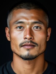 Fototapeta premium Portrait of a young Mongolian man with a beard with a thoughtful expression, soft studio lighting on a dark background