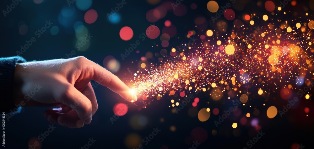 Poster supply chain security risks concept. a hand extends towards a burst of colorful sparkles, conveying 