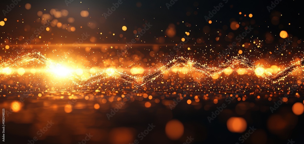 Poster Supply chain security risks concept. A captivating image showcasing vibrant, shimmering particles creating a wave of golden light against a dark backdrop.