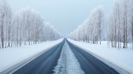 Freezing rain ice roads, A serene winter scene featuring a snow-covered road flanked by frost-laden trees, creating a tranquil, picturesque atmosphere.