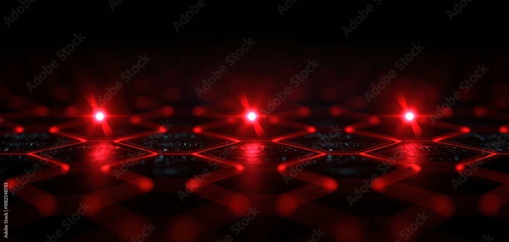 Poster Supply chain security risks concept. A visually striking abstract image featuring glowing red lights in a dark, grid-like pattern, evoking a sense of depth and technology.