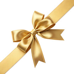 Golden satin ribbon with a decorative bow, ideal for gift wrapping and festive designs, isolated on white.