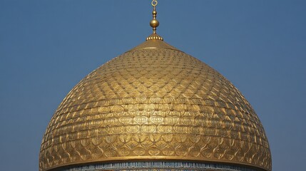 Golden dome of a mosque against a clear blue sky, showcasing intricate architectural design.