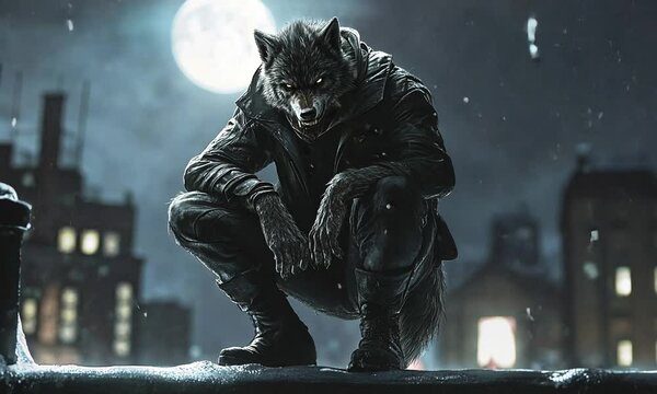 A wolf-like humanoid figure crouches on a rooftop under a full moon in a snowy urban setting.