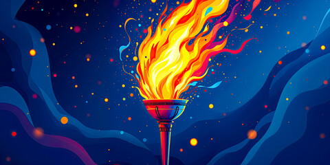 Illustration of the Olympic flaming Torch with a colorful background with red, blue, and orange.
