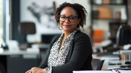 A professional women in her 40s, sitting confidently at a modern desk in a sleek office