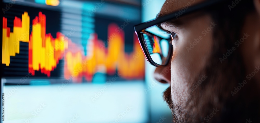 Poster Supply chain security risks concept. A close-up of a person analyzing data on a computer screen, featuring colorful graphs and charts, indicative of market analysis or financial monitoring.
