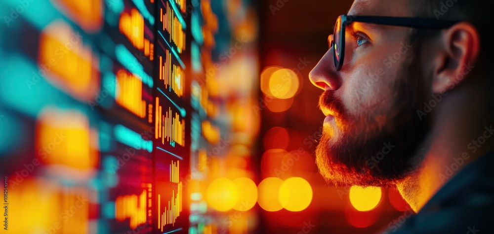 Poster supply chain security risks concept. a focused individual gazes at colorful data displays, embodying