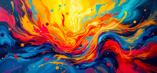 Vibrant abstract painting with swirling brushstrokes of yellow, orange, and red and blue, colors blend and overlap, expressive movements that resemble flames or a fluid.